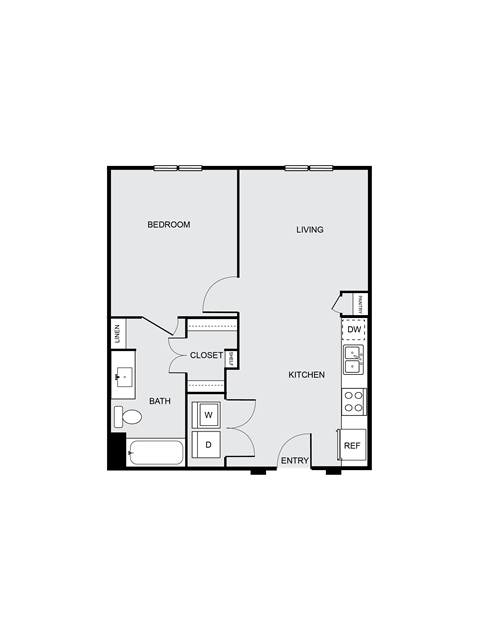 Floor plan for 1 bed, 1 bath, 604 sqft